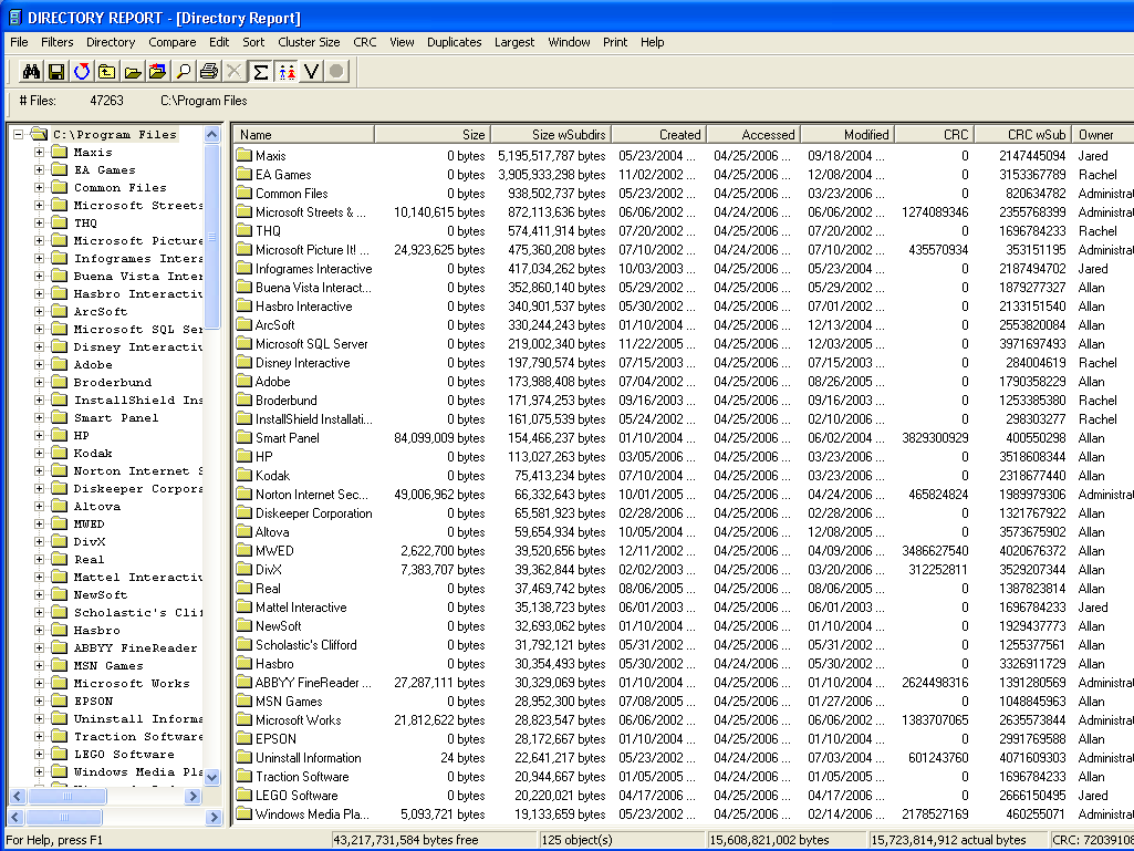 Directory printer, find duplicate files, rename files, show folder size